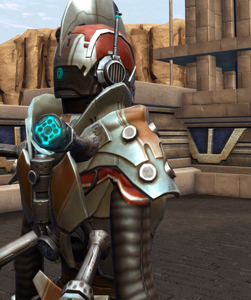 Rakata Boltblaster (Imperial Armor Set detailed back view from Star Wars: The Old Republic.